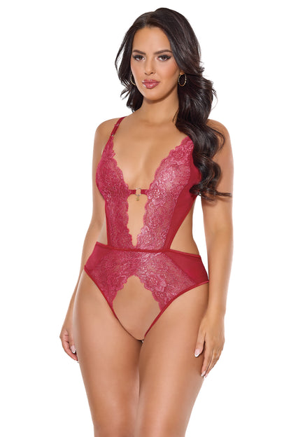 Coquette Holiday Metallic Scallop Lace Crotchless Teddy Red/Silver