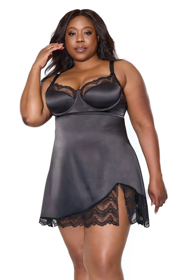 Coquette Queen Chemise Satin Underwire Cups Adjustable Straps Ever After Black