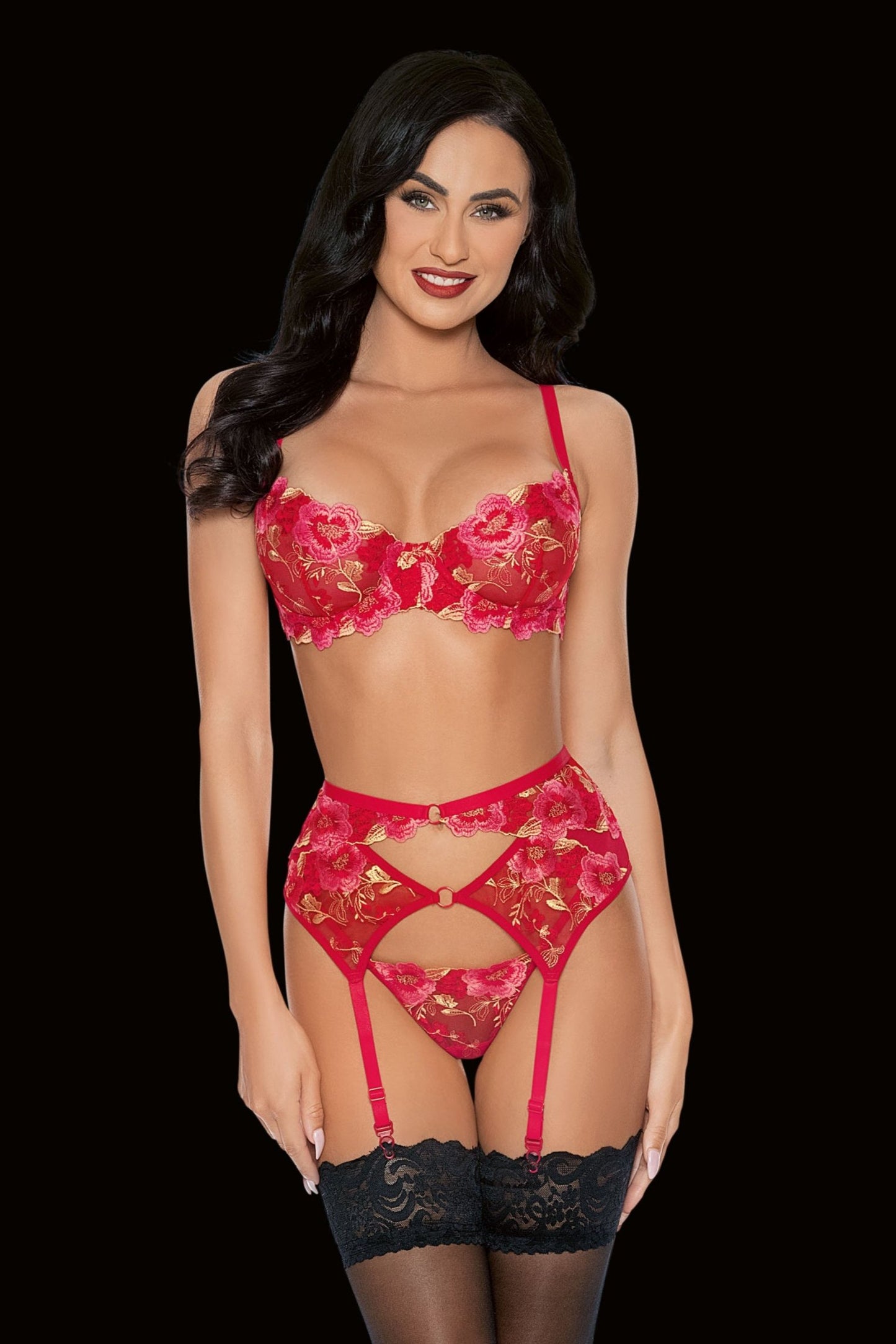 Escante Lingerie Floral Embroidered Lace Underwire Bra Set Red