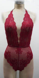 Escante Halter Plunge Front Lace Teddy Wine