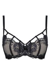 Sensual Axami Valentina black lace caged demi bra with decorative straps and padded cups.