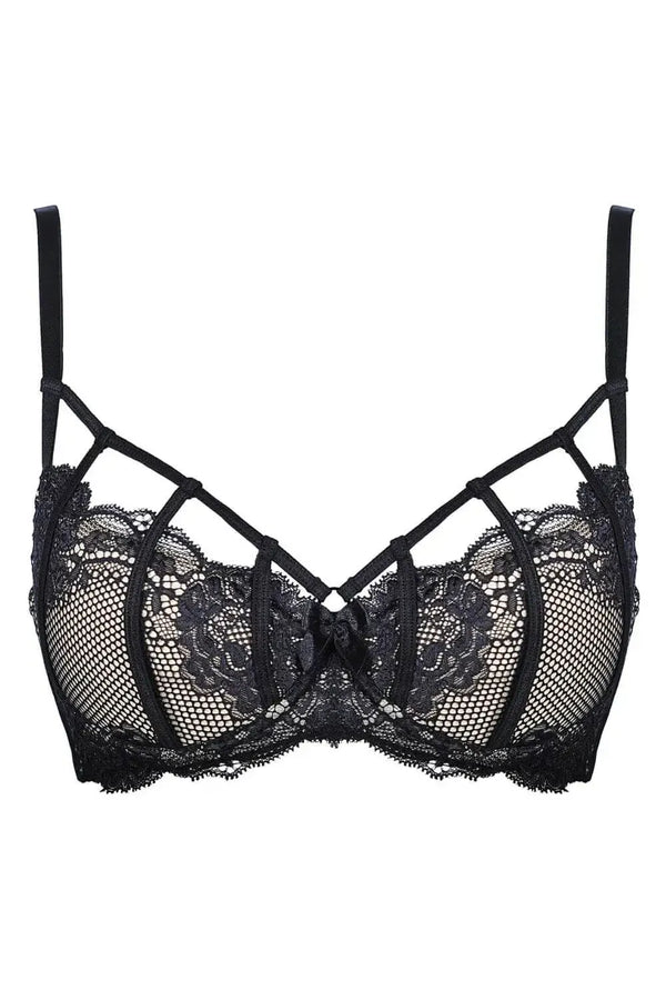 Sensual Axami Valentina black lace caged demi bra with decorative straps and padded cups.