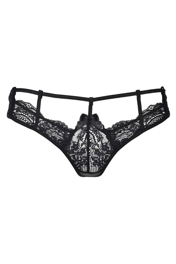 Axami Valentina Caged Thong: black delicate lace, unique caged design, and sweet bow detail.