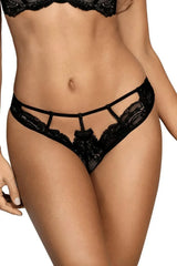 Axami Valentina black caged thong with delicate lace, bow, and seductive cutouts.