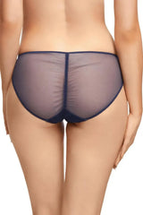 Navy Vedette Bikini Panty with sheer polka dotted tulle, eyelash lace, and ruched center seam.