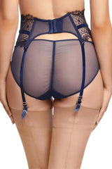 Vedette high-waisted navy suspender belt with sheer tulle, eyelash lace, velvet straps, and adjustable garters.