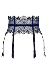 Dita Von Teese Vedette high-waisted navy suspender belt with polka dot lace, velvet straps, and garters.