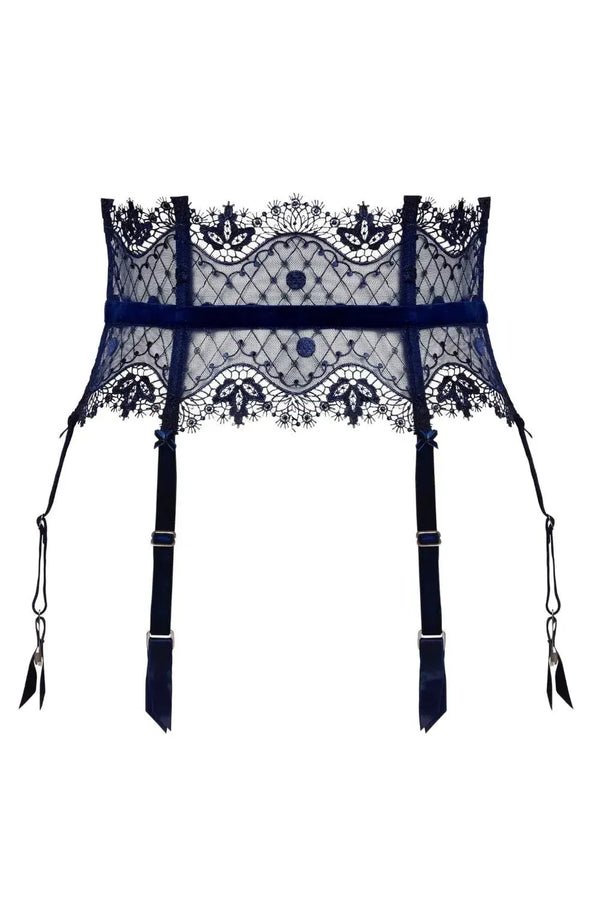 Dita Von Teese Vedette high-waisted navy suspender belt with polka dot lace, velvet straps, and garters.