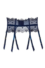 Dita Von Teese Vedette Navy high-waisted suspender belt with bold polka dots, eyelash lace, and velvet straps.