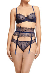Dita Von Teese Vedette navy underwire bra, sheer polka dot tulle, eyelash lace, and matching garter belt.
