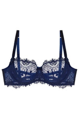Dita Von Teese Vedette Underwire Bra in navy, featuring sheer polka dot tulle, eyelash lace, and velvet straps.