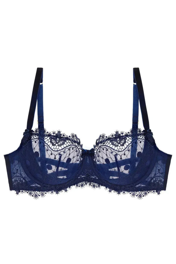 Dita Von Teese Vedette Underwire Bra in navy, featuring sheer polka dot tulle, eyelash lace, and velvet straps.