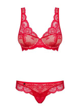 Fabulous red lace plunge bra and matching thong set, perfect for a spicy, elegant night.