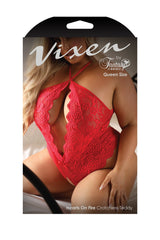 Fantasy Vixen Queen Hearts On Fire Crotchless Teddy Red-Rebel Romance