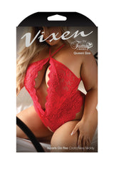Fantasy Vixen Queen Hearts On Fire Crotchless Teddy Red-Rebel Romance