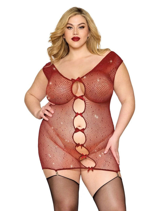 Dreamgirl Queen Rhinestone Seamless Chemise & Mini Suspender Clips Ox Blood