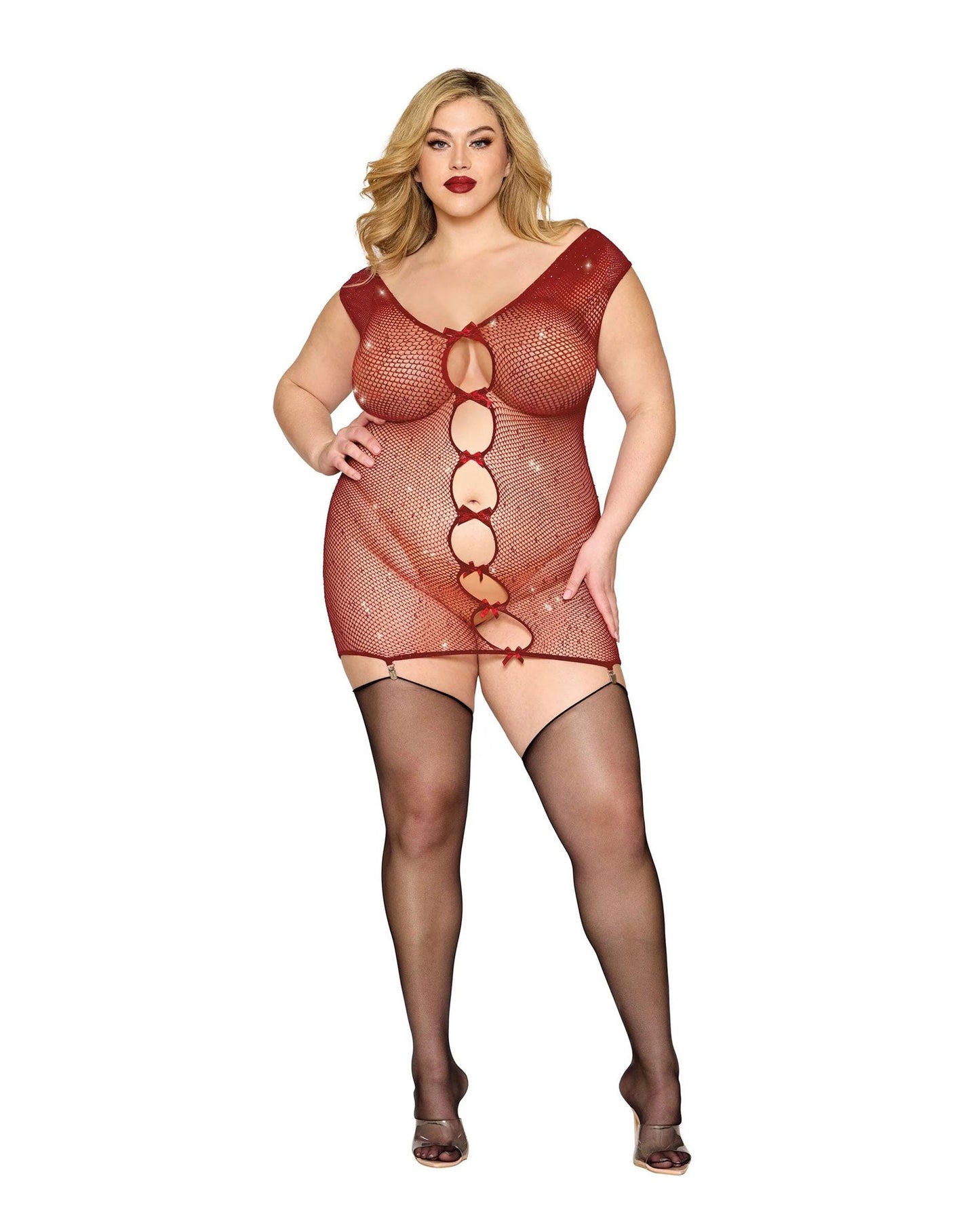 Dreamgirl Queen Rhinestone Seamless Chemise & Mini Suspender Clips Ox Blood