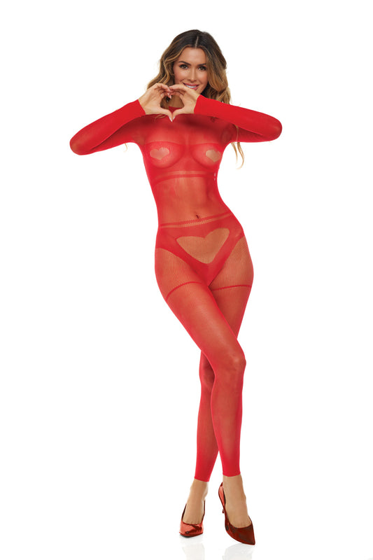 Rene Rofe Hearts Mad Love Bodystocking - One Size - Red