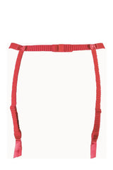 Sensual red glossy garter belt with delicate lace and tulle ornamentation, adjustable straps.