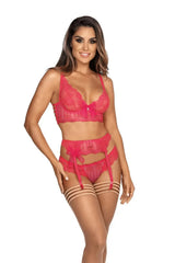 Sensual red lace and tulle garter belt with subtle gloss, adjustable straps, and matching bra and panties.