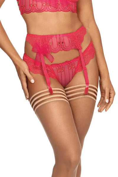 Sensual Axami Noir Glossy Garter Belt in vibrant fuchsia with delicate lace, tulle, and adjustable straps.