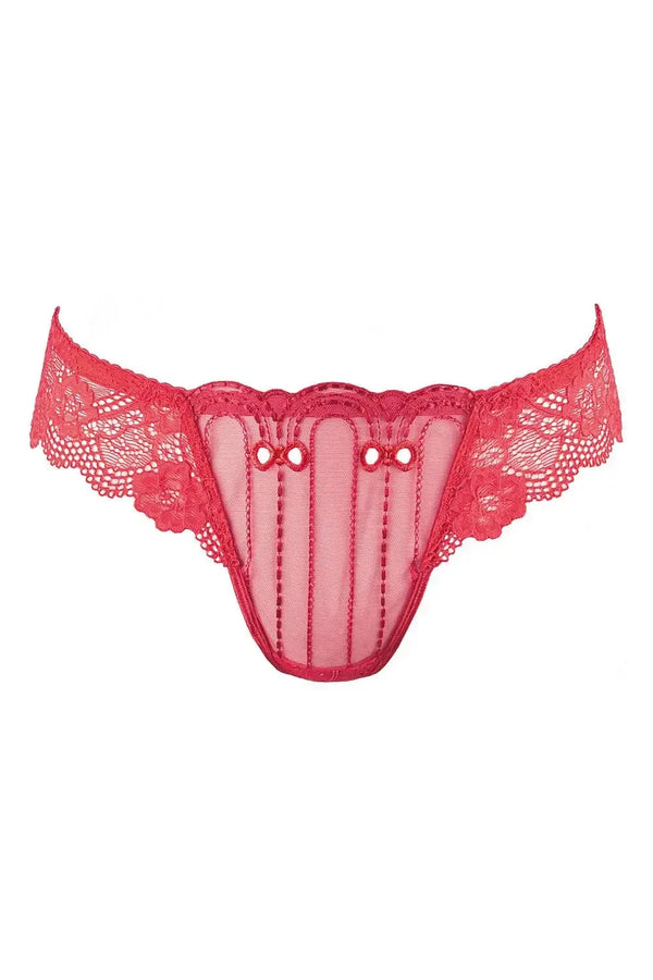 Vibrant red Axami Watermelon embroidery lace thong with sheer panels and delicate scalloped edges.