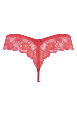 Vibrant red Axami Watermelon Embroidery Lace Thong with sheer lace and delicate bow detail.