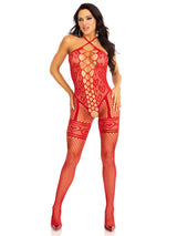 "Heart Net Halter Bodystocking - One Size - Red LA-89320REDOS"