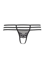 Black Axami Wish crotchless G-string with delicate lace and intriguing strips for seductive styling.