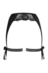 Black Axami Wish garter belt with delicate lace trim, satin bows, and attached fishnet stocking straps.