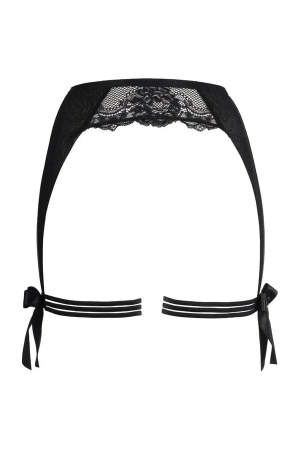 Black Axami Wish garter belt with delicate lace trim, satin bows, and attached fishnet stocking straps.