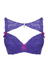 Axami Wisteria high-neck push-up bra in vivid violet lace with pink bows and a rhinestone jewel.