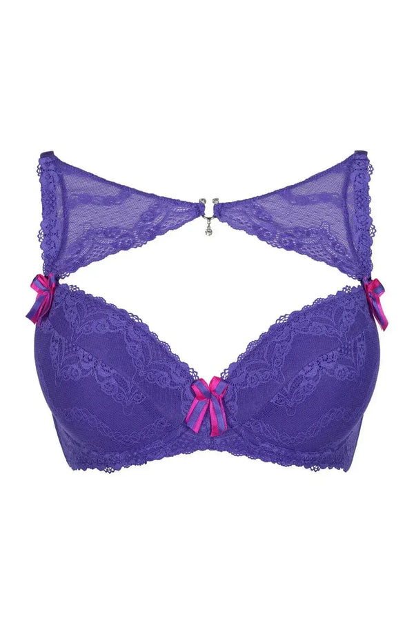 Axami Wisteria high-neck push-up bra in vivid violet lace with pink bows and a rhinestone jewel.