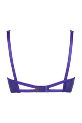 Axami Wisteria high-neck push-up bra, vivid violet lace, unique back design, and luxurious rhinestone jewel.