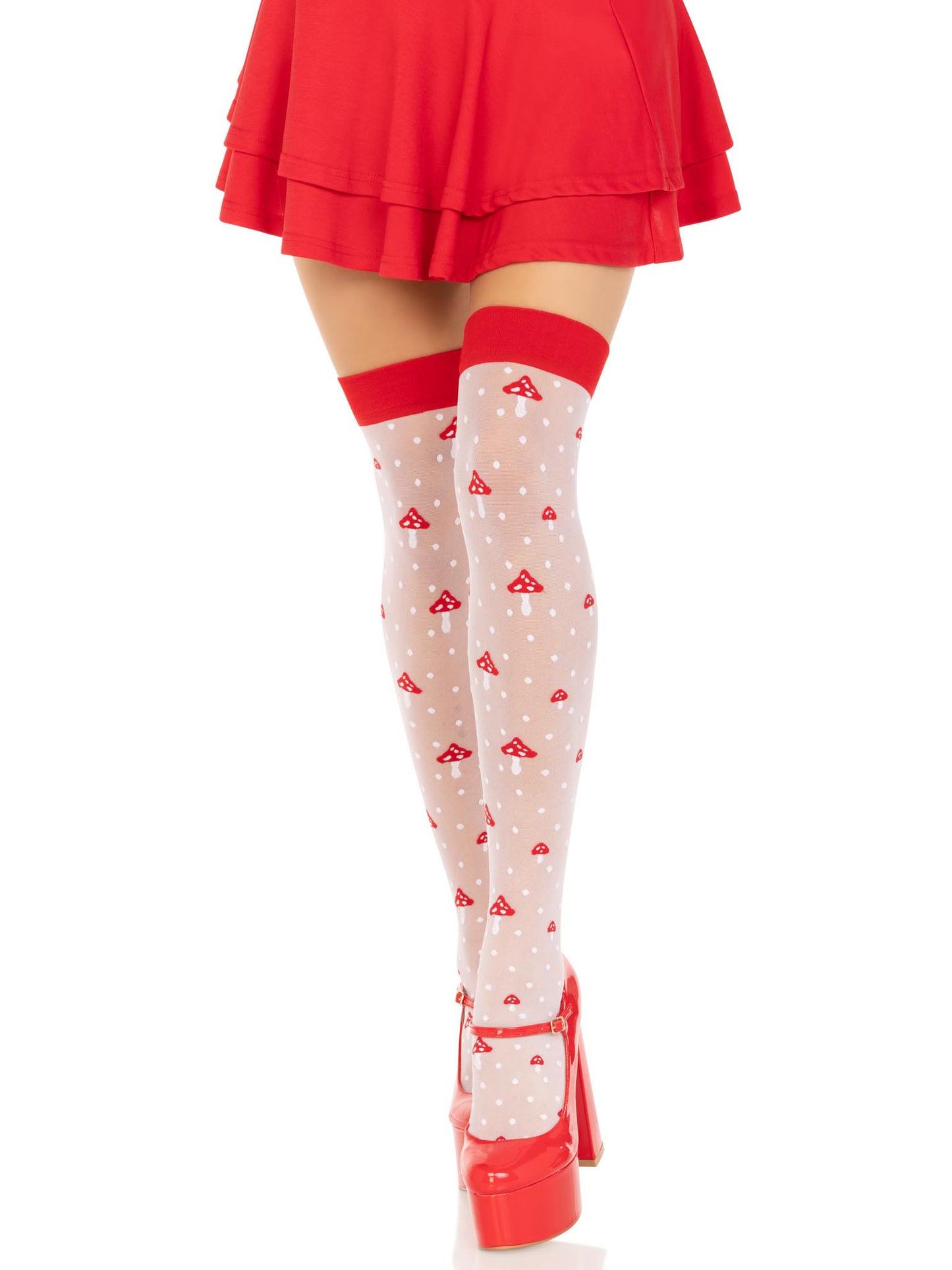 Leg Avenue Polka Dot Mushroom Thigh High - One Size - White/Red