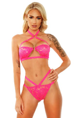 Fantasy Lingerie Glow Black Light Halter Bandeau and Cage Panty Neon Pink