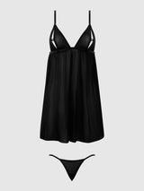 House of Desire Queen Yasmine Shine Mesh O-Ring Open Cup Babydoll Set Black