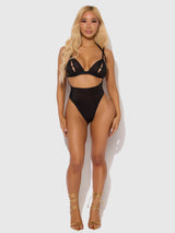 House of Desire Queen Yasmine Shine Mesh Open Cup Backless Teddy & Bra Set Black