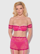 House of Desire Yvone Lace Skirted Garter Panty Bra Set Purple Fuchsia