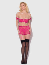 House of Desire Yvone Lace Skirted Garter Panty Bra Set Purple Fuchsia