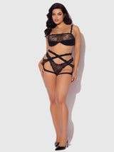 House of Desire Yvone Wrap Lace Bra, Garter, & Tanga Set Black