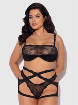 House of Desire Yvone Wrap Lace Bra, Garter, & Tanga Set Black