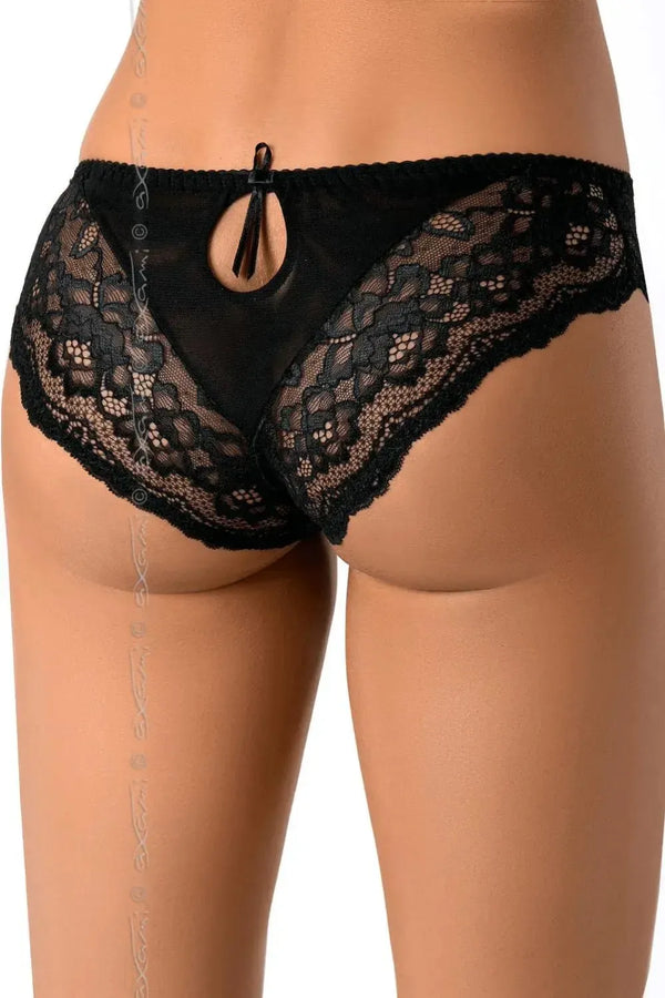 Zaina black lace bikini briefs with a sensual keyhole back and delicate bow.