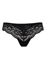 Zaina black lace thong with delicate, feminine design and keyhole back detail.