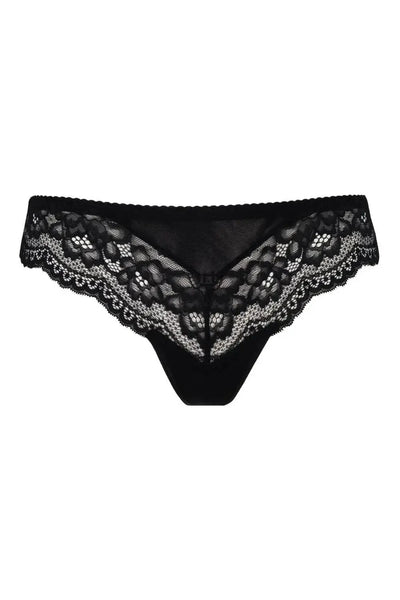 Zaina black lace thong with delicate, feminine design and keyhole back detail.