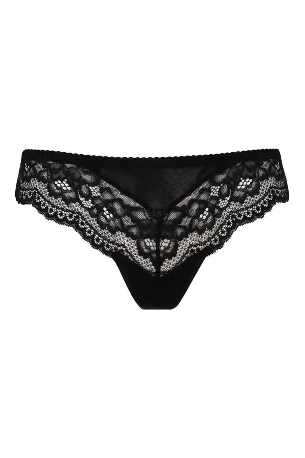 Zaina black lace thong with delicate, feminine design and keyhole back detail.