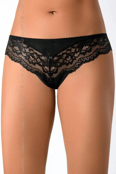 Zaina black lace thong with delicate floral pattern and keyhole back detail for a seductive look.