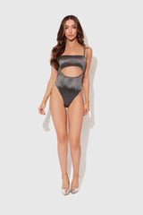 House of Desire Queen Zoe High Shine Cutout Scoop Back Bodysuit Graphite Gray