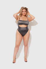 House of Desire Queen Zoe High Shine Cutout Scoop Back Bodysuit Graphite Gray