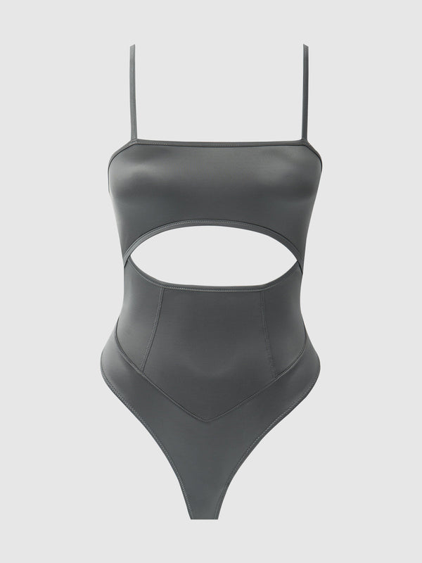 House of Desire Zoe High Shine Cutout Scoop Back Bodysuit Graphite Gray